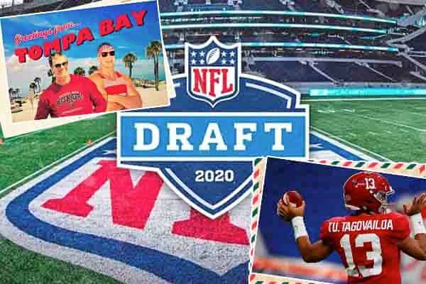 Brady, Gronkowski and Tagovailoa on postcards in front of the 2020 NFL draft logo