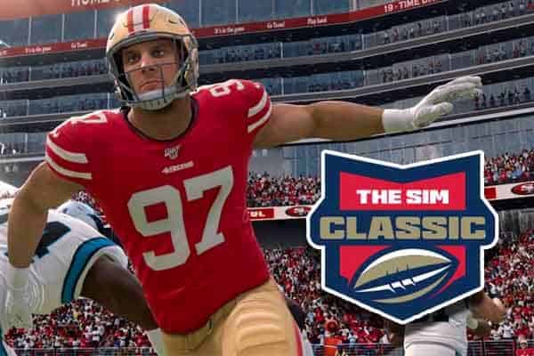 Virtual Nick Bosa doing a swim move over Bovada's The Sim Classic logo