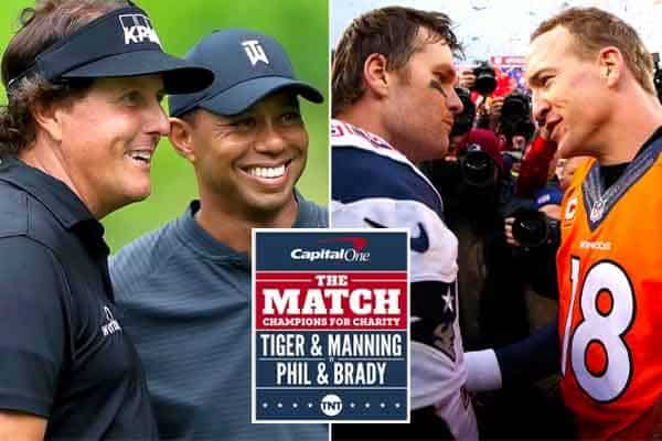 Mickelson, Woods, Brady, & Manning in a composite shot with the The Match logo in front
