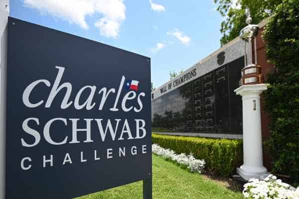 Charles Schwab Challenge Sign in front of wall of champions listing previous winners