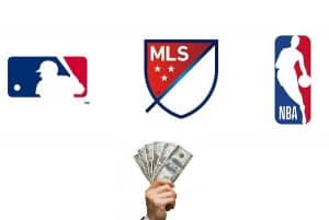 MLS MLB and NBA logos with a hand offering cash below