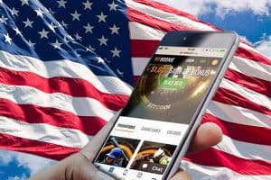 Mobile Sports Betting on a smartphone in front of a US Flag