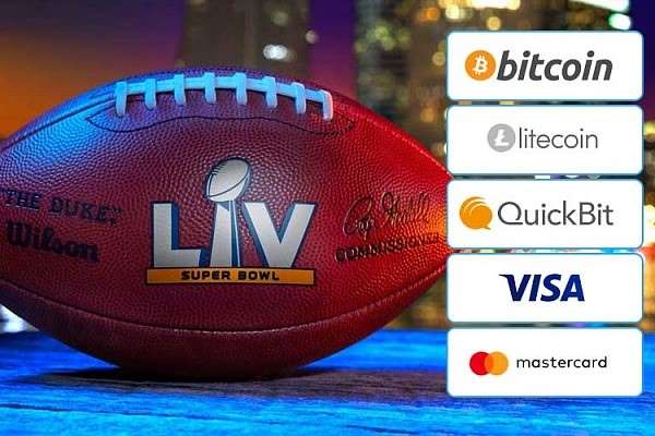 super bowl lv football next to bitcoin, litecoin, quickbit, visa, mastercard logos