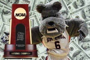 Gonzaga Bulldog with national championship in front of cash won by betting on March Madness odds