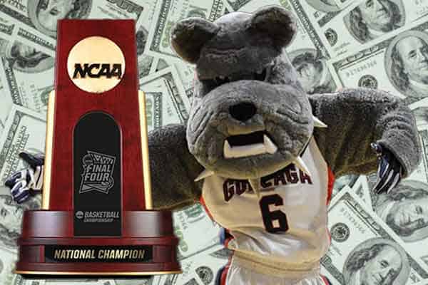 Gonzaga Bulldog with national championship in front of cash won by betting on March Madness odds