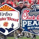 Peach Bowl logo and Fiesta Bowl logo placed above the Georgia Bulldogs football team and coaches celebrating