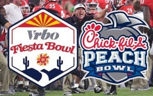 Peach Bowl logo and Fiesta Bowl logo placed above the Georgia Bulldogs football team and coaches celebrating