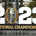 2023 College Football Playoffs National Championship Game sign in front of SoFi Stadium