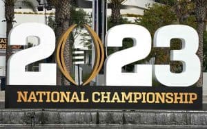 2023 College Football Playoffs National Championship Game sign in front of SoFi Stadium