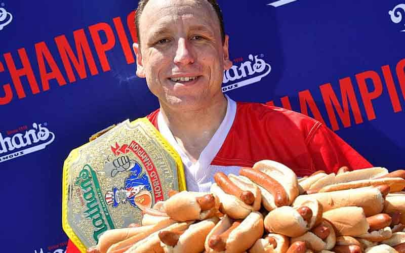 Joey Chestnut after winning a hot dog eating contest