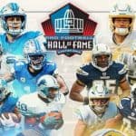 An NFL Hall of Fame Game logo surrounded by all-time great Chargers and Lions players