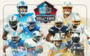 An NFL Hall of Fame Game logo surrounded by all-time great Chargers and Lions players