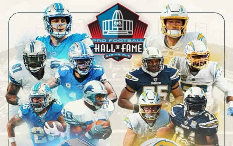 An NFL Hall of Fame Game logo surrounded by all-time great Chargers and Lions players