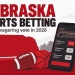 an image of the state of NE and a sports betting app on a mobile phone