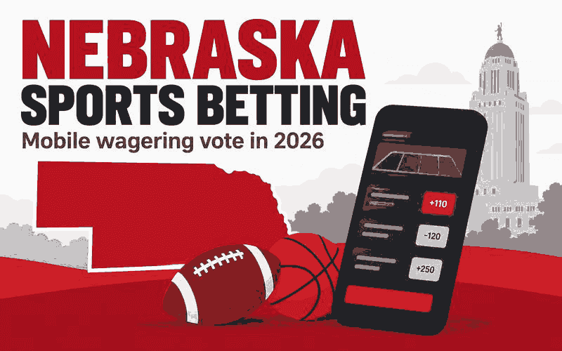an image of the state of NE and a sports betting app on a mobile phone